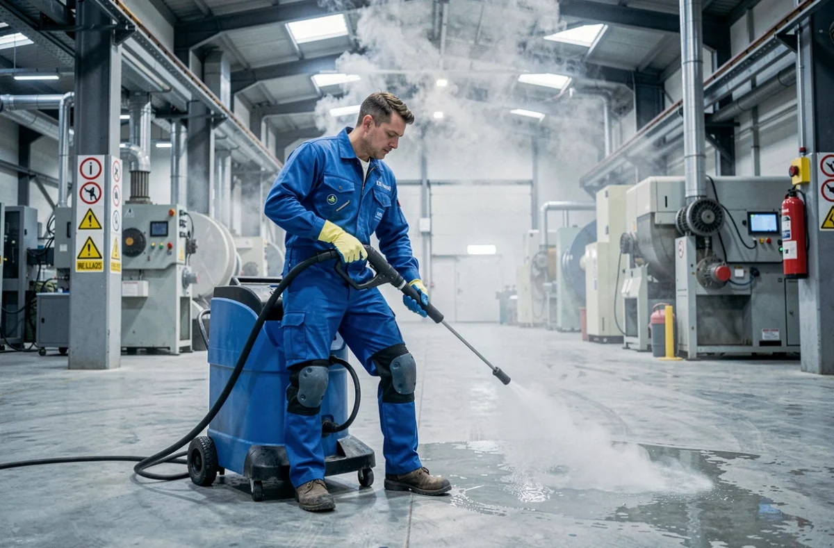 Technicien 3D INOV Propreté utilisant une machine vapeur sur le sol d'une usine en Isère