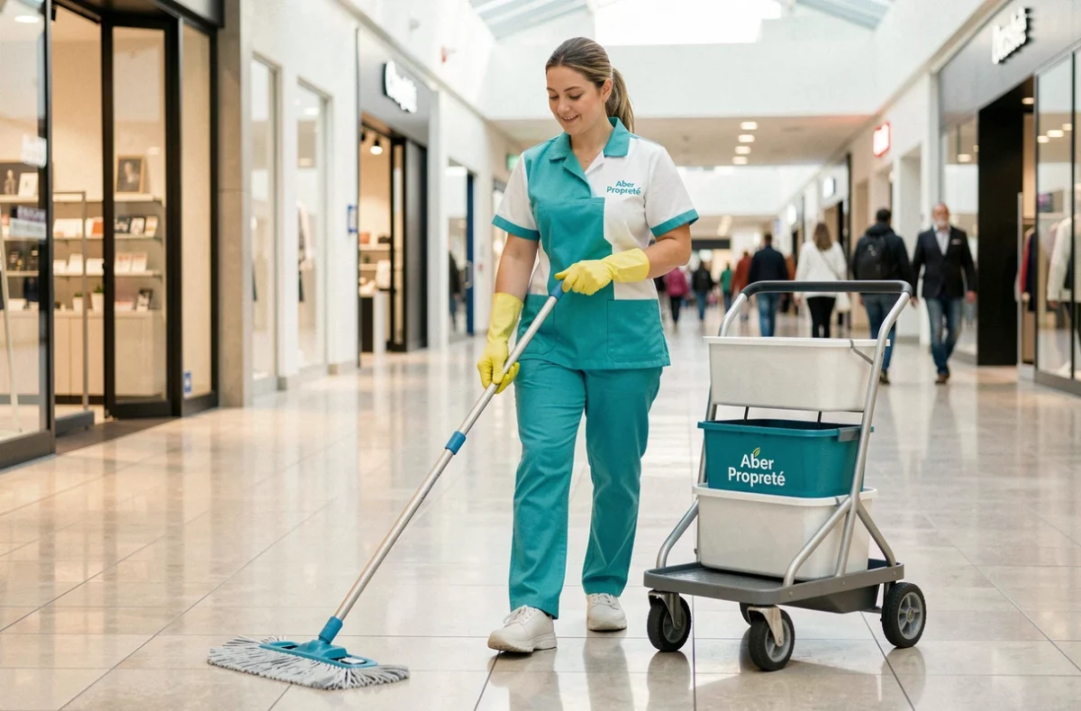Agente Aber Propreté nettoyant le couloir d'un centre commercial en Isère avec un chariot de lavage