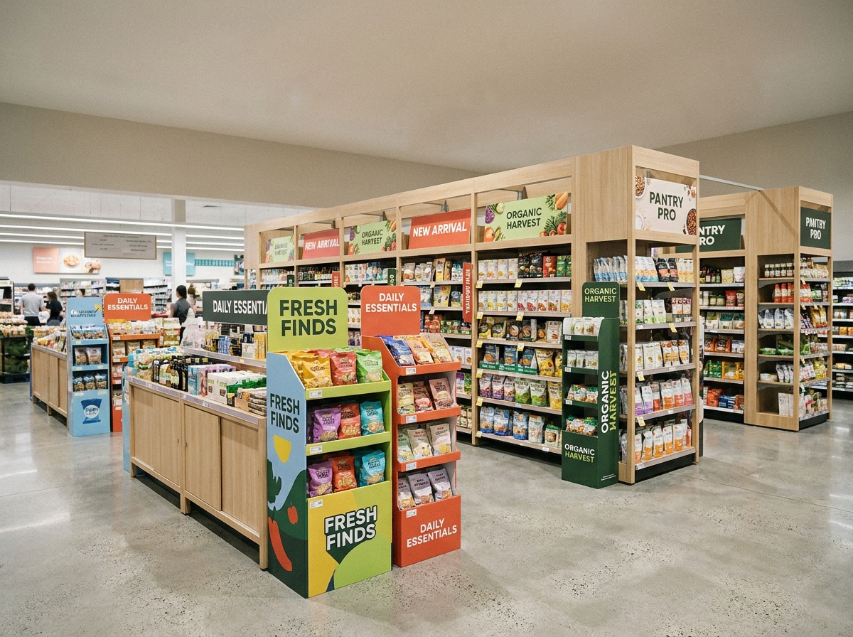 Vue large d'une allée de supermarché avec divers accessoires de PLV disposés le long des gondoles