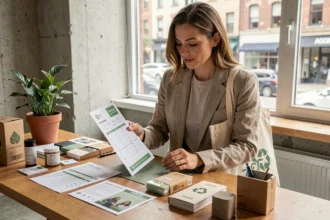 Acheteuse responsable consultant une checklist RSE dans un bureau moderne avec des produits durables sur un bureau en bois