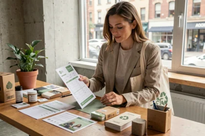Acheteuse responsable consultant une checklist RSE dans un bureau moderne avec des produits durables sur un bureau en bois