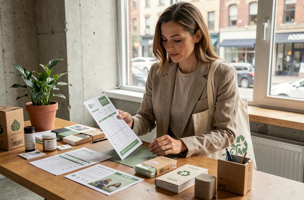 Acheteuse responsable consultant une checklist RSE dans un bureau moderne avec des produits durables sur un bureau en bois