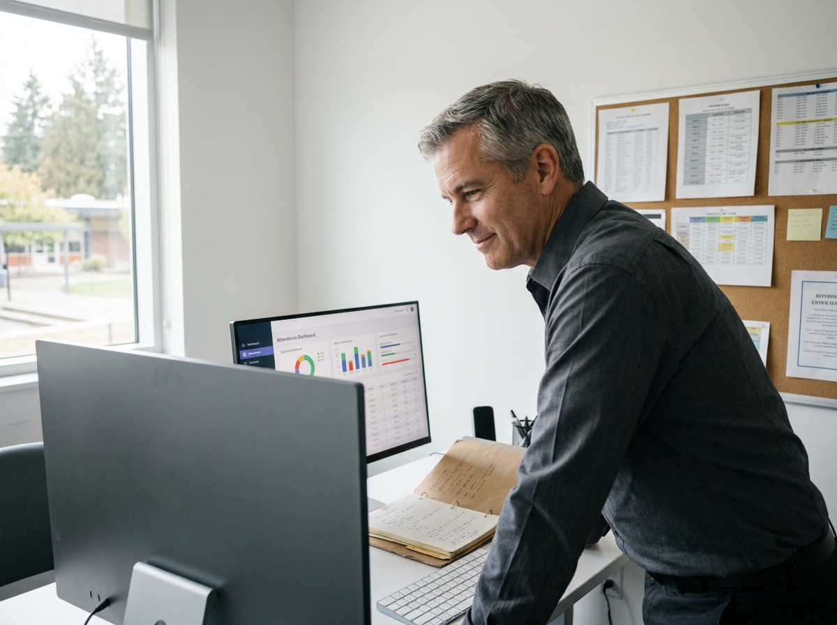 Administrateur scolaire consultant un tableau de bord numérique d'assiduité tout en consultant un classeur papier dans un bureau administratif
