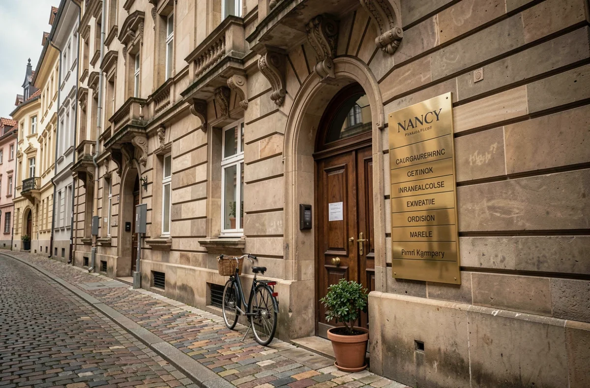 Façade d'un immeuble historique à Nancy avec plaque professionnelle pour la domiciliation d'entreprises sans local physique