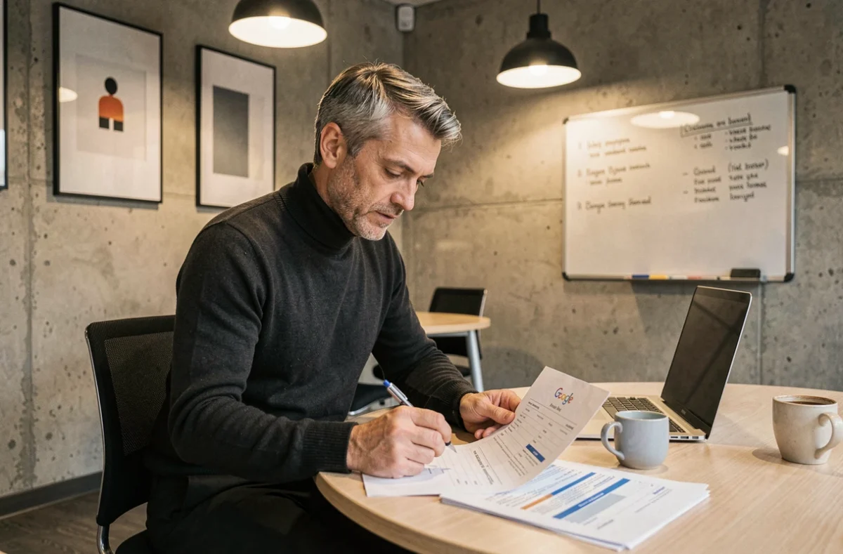 Expert de l'agence ActivDia à Vitry-sur-Seine analysant des rapports de campagnes Google Ads imprimés