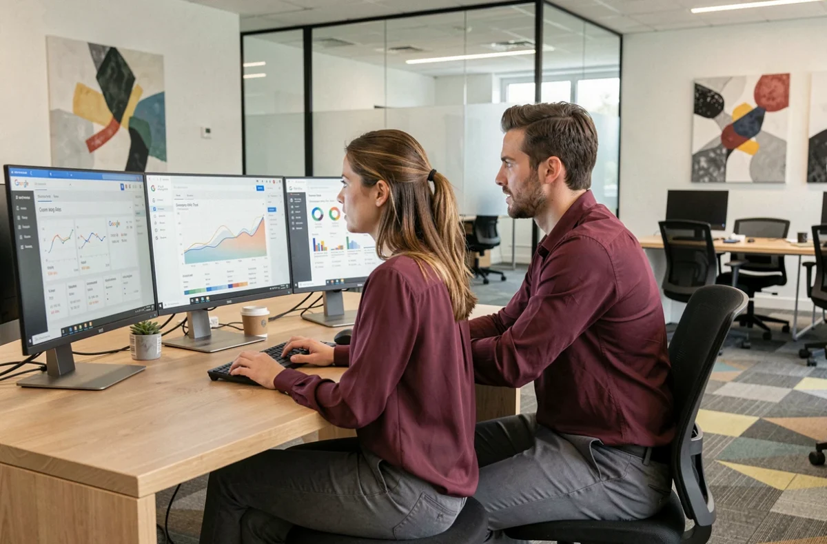 Deux consultants de l'agence Ads Up à Créteil analysant les performances d'une campagne Google Ads sur double écran