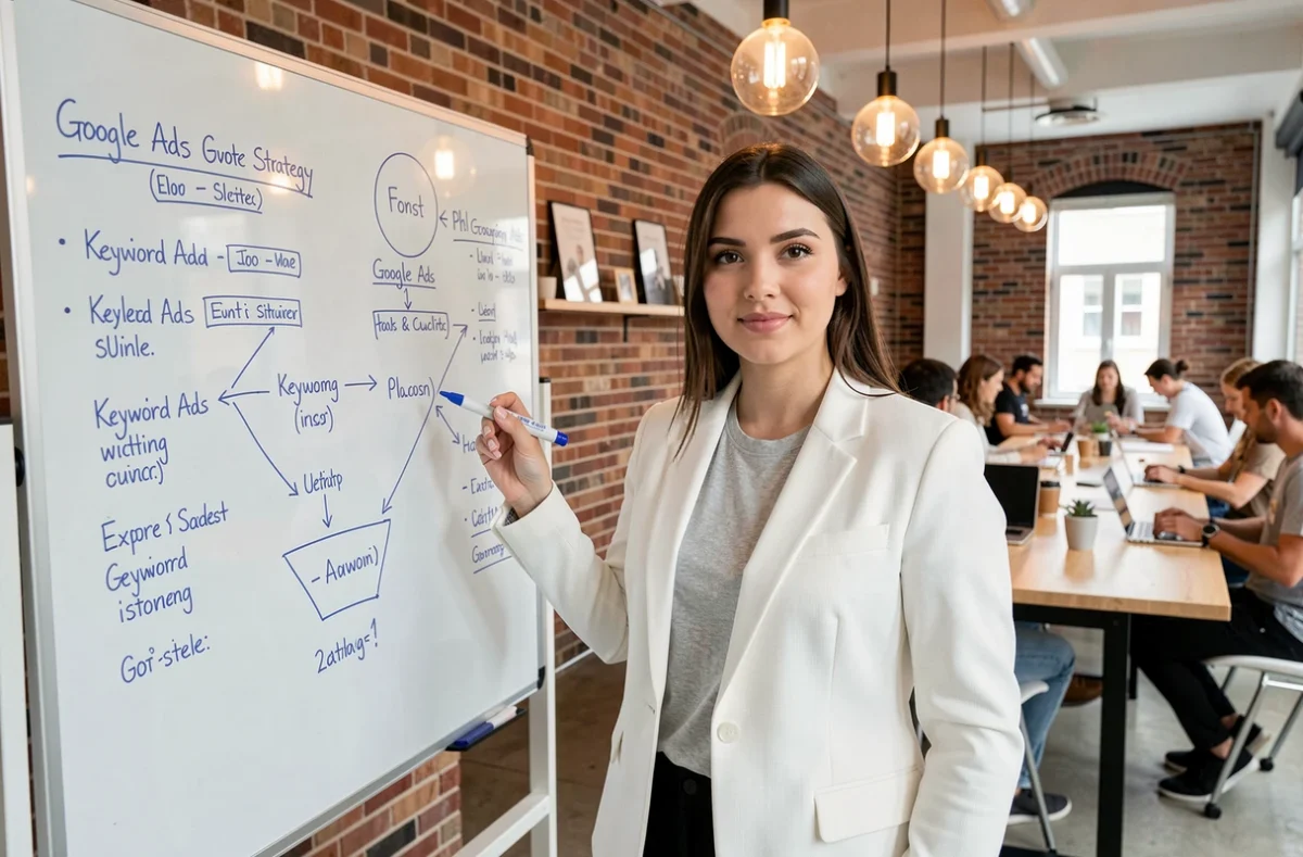 Spécialiste de l'agence ALEO Agency présentant une stratégie Google Ads sur un tableau blanc dans un espace de coworking