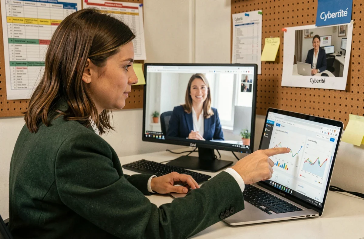Gestionnaire de campagnes PPC de l'agence Cybercité en appel vidéo client tout en consultant un rapport de suivi des conversions Google Ads