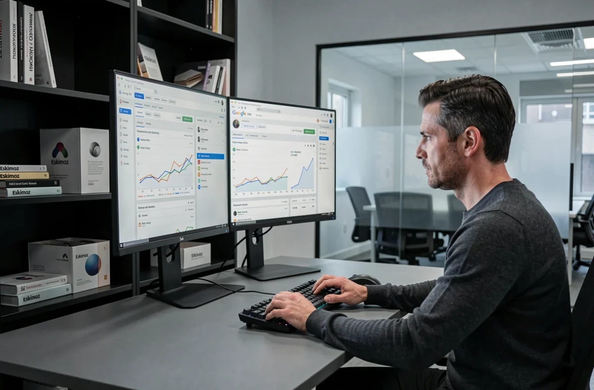 Consultant SEA de l'agence Eskimoz travaillant sur une structure de compte Google Ads complexe avec double écran
