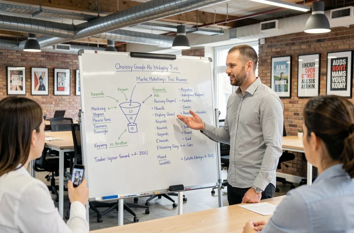 Consultant de l'agence Gen K Conseil à Choisy-le-Roi présentant une stratégie Google Ads sur un tableau blanc