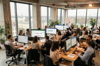 Équipe d'une agence Google Ads en Seine-Saint-Denis réunie autour d'écrans affichant des tableaux de bord de campagnes publicitaires