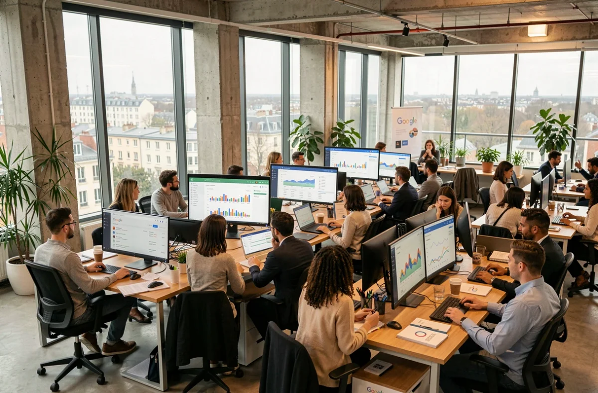 Équipe d'une agence Google Ads en Seine-Saint-Denis réunie autour d'écrans affichant des tableaux de bord de campagnes publicitaires