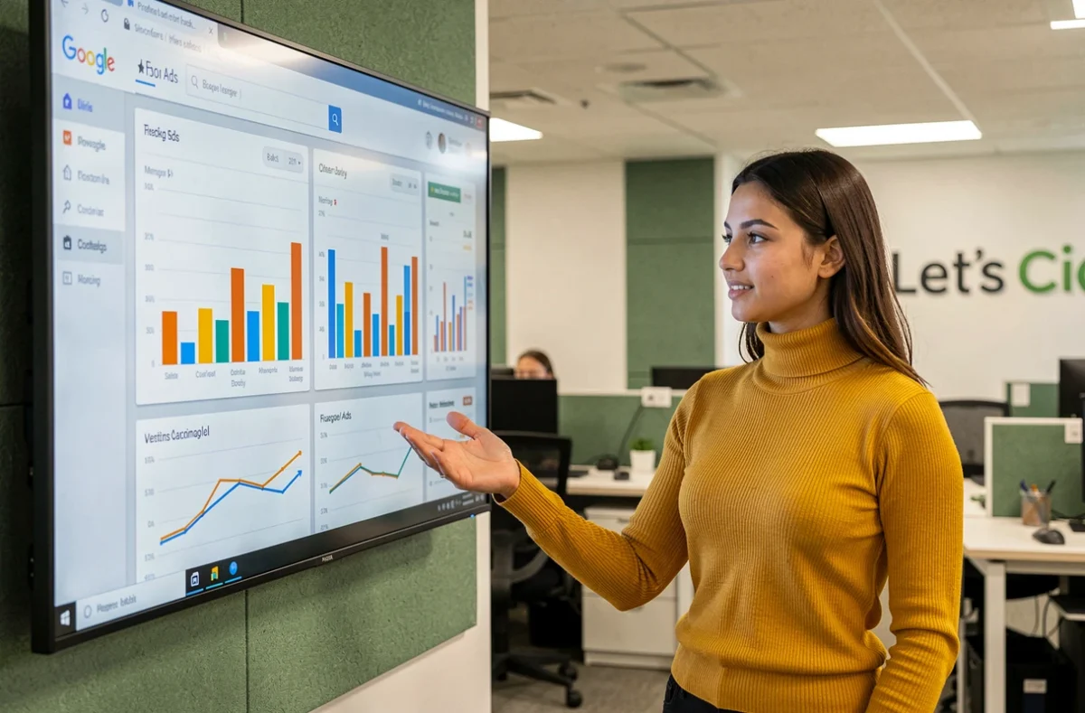 Spécialiste de l'agence Let's Clic présentant les résultats d'une campagne Google Ads sur un écran mural lors d'un débriefing
