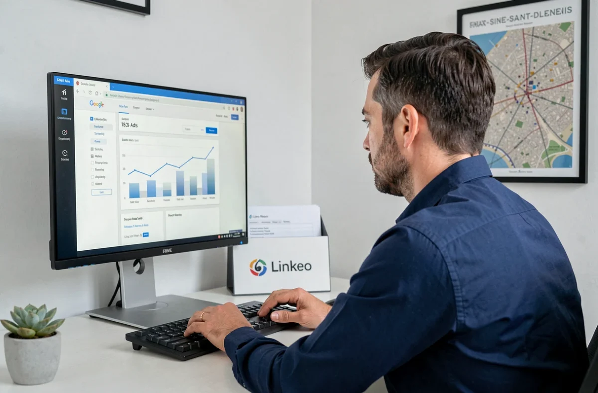 Consultant de l'agence Linkeo en Seine-Saint-Denis analysant une campagne Google Ads sur son ordinateur