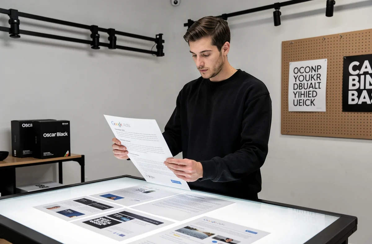 Stratège créatif de l'agence Oscar Black examinant des maquettes de textes d'annonces Google Ads dans un studio au design épuré