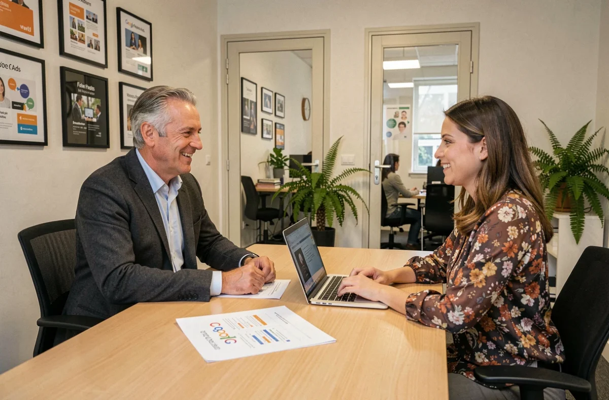 Consultant de l'agence PMC Marketing en Val-de-Marne lors d'une réunion de conseil Google Ads avec un client PME