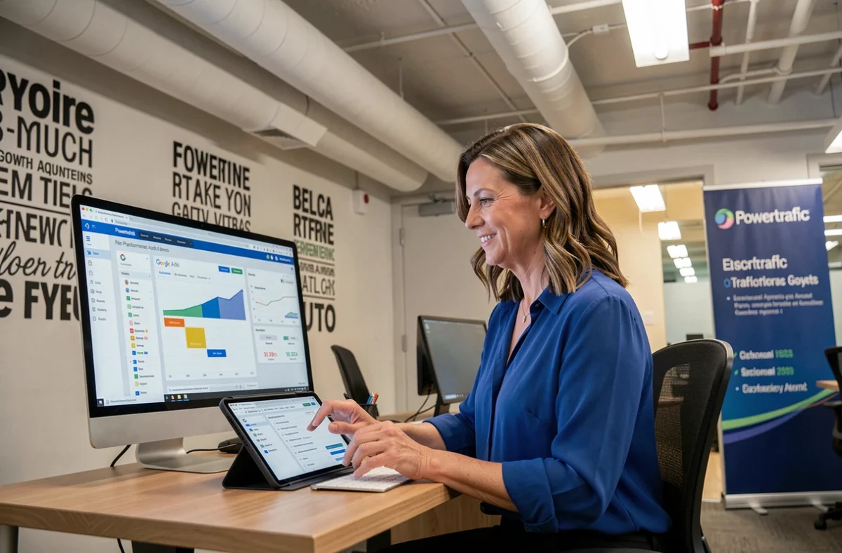Spécialiste growth marketing de l'agence Powertrafic analysant un audit de performance Google Ads sur tablette dans un bureau dynamique