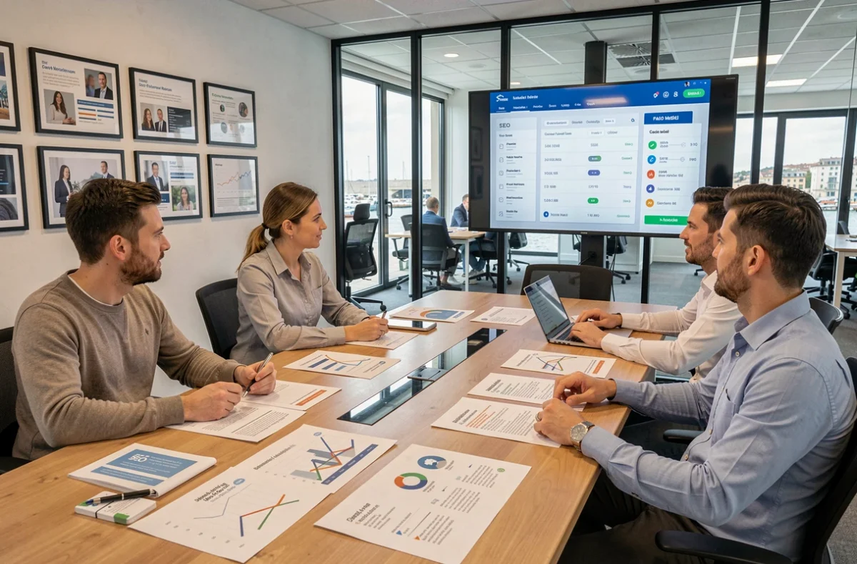 Équipe de l'agence NOIISE à Marseille réunie autour d'une table de réunion avec des rapports SEO multi-leviers et des tableaux de bord digitaux affichés à l'écran