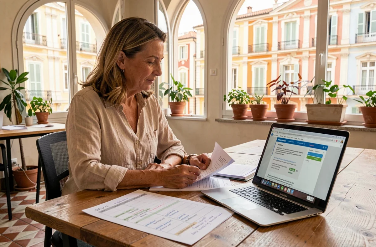 Consultante SEO spécialisée en contenu éditorial assise dans un espace de coworking à Nice, entourée de plans de contenu et d'un calendrier éditorial