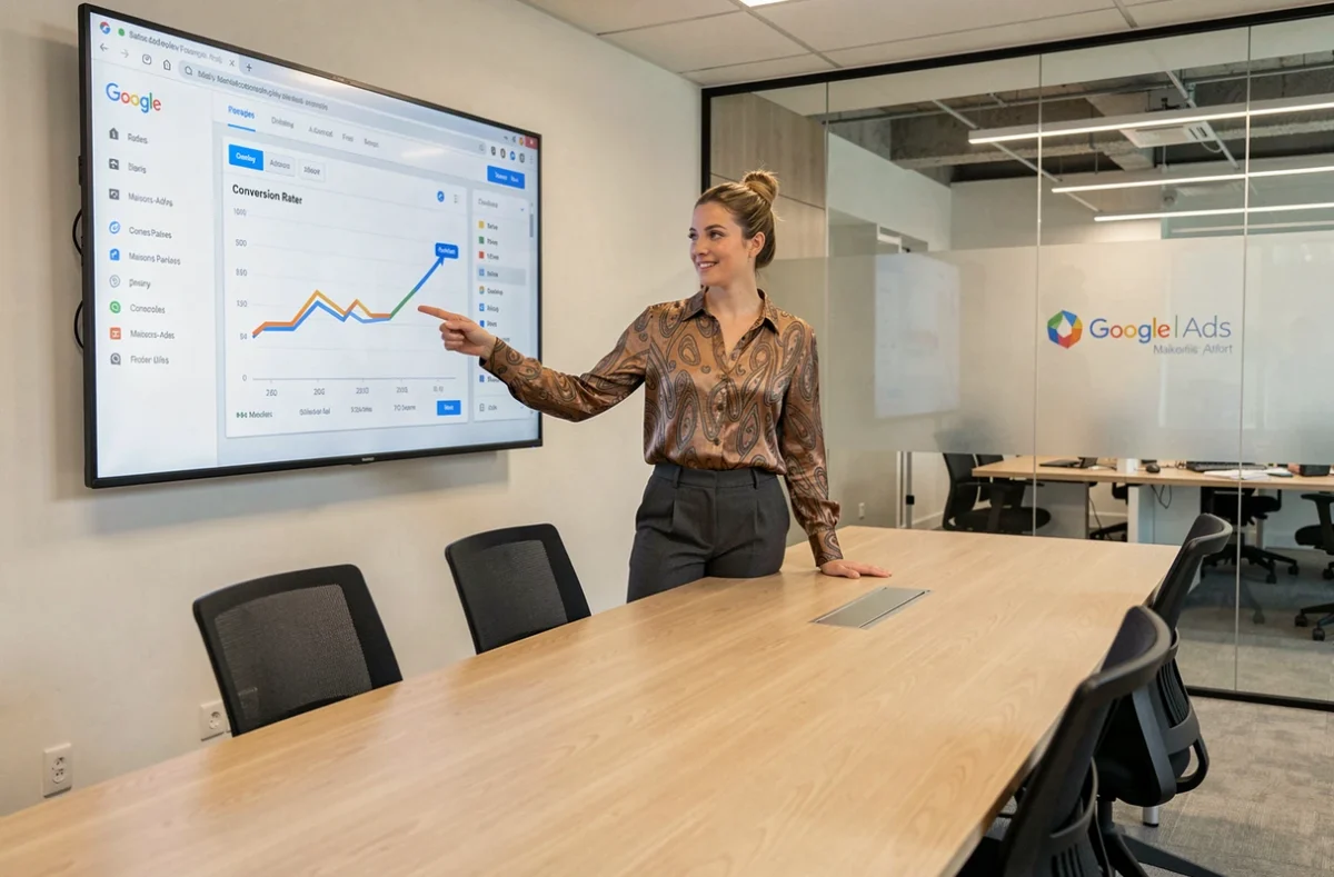 Consultante de l'agence WebConversion à Maisons-Alfort présentant les résultats d'une campagne Google Ads en salle de réunion