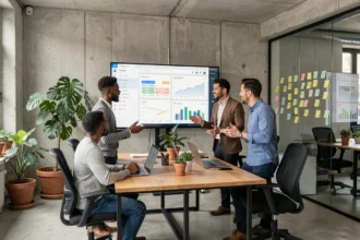 Équipe d'une agence Google Ads du Val-de-Marne analysant des campagnes publicitaires sur grand écran dans un bureau moderne