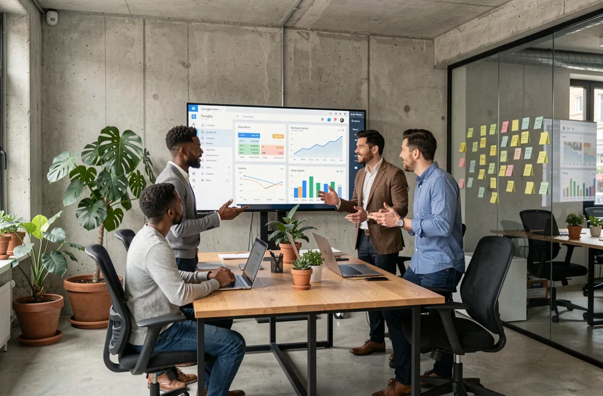 Équipe d'une agence Google Ads du Val-de-Marne analysant des campagnes publicitaires sur grand écran dans un bureau moderne