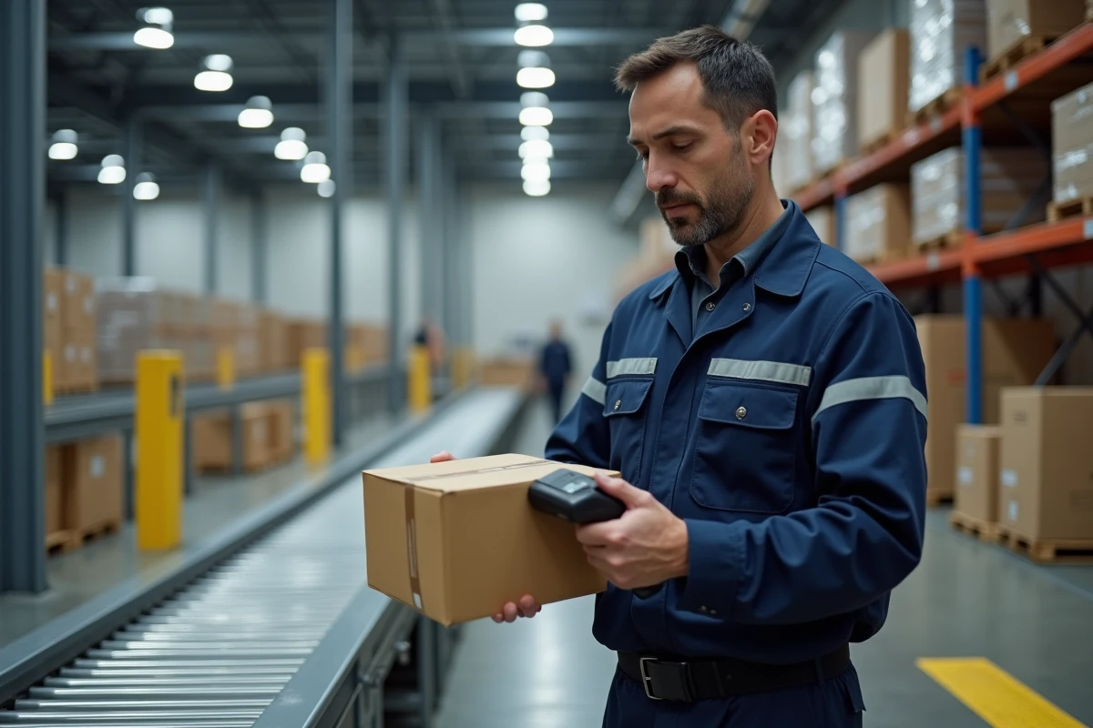 Agent logistique scannant un colis au hub de Lieusaint dans un entrepôt de tri postal