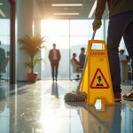 Prévention accidents au bureau : mesures essentielles pour sécurité en entreprise Employe posant un panneau de sol mouille dans un bureau lumineux