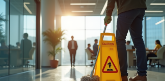 Employe posant un panneau de sol mouille dans un bureau lumineux