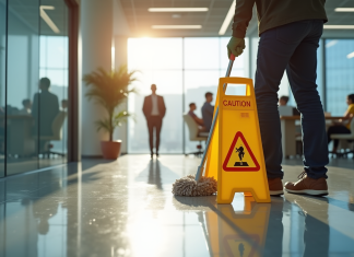 Employe posant un panneau de sol mouille dans un bureau lumineux