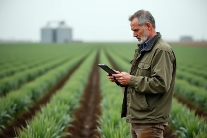 Agriculteur consultant l'application Axereal pro sur tablette dans un champ de blé pour optimiser ses achats d'engrais