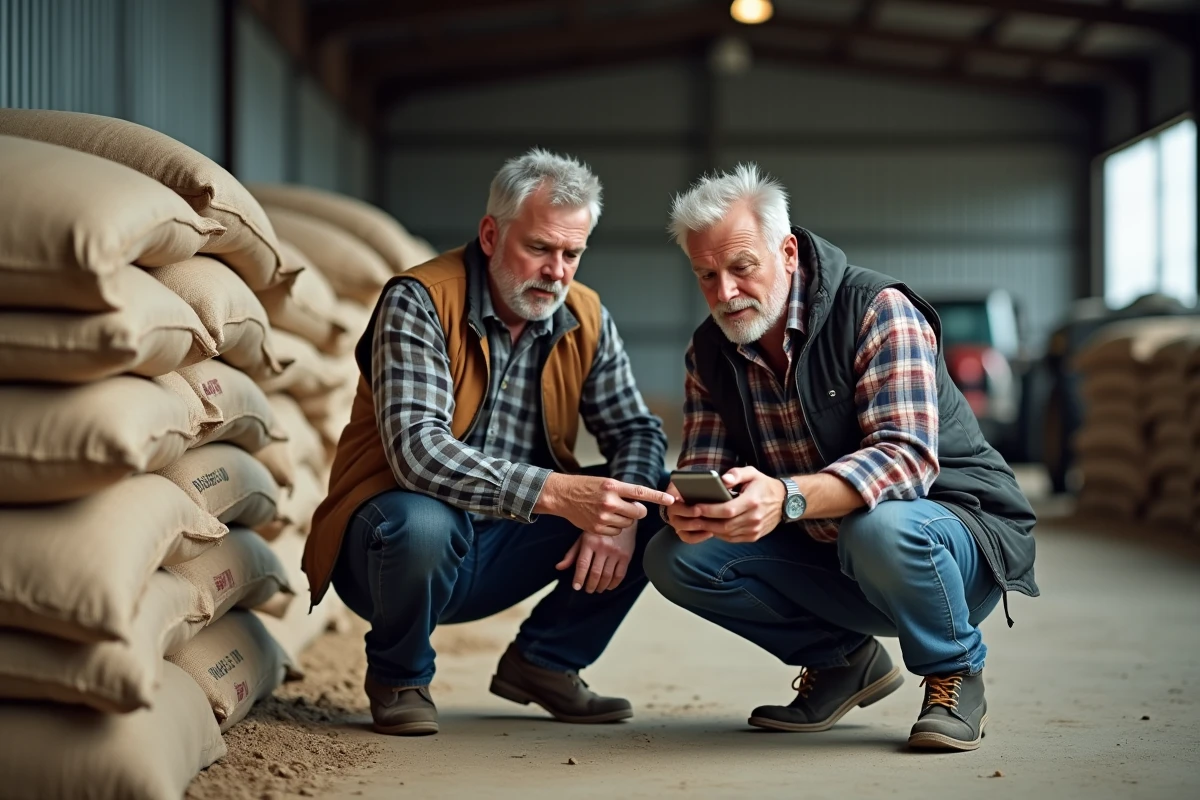 Deux agriculteurs comparant des engrais en stockage agricole grâce à l'outil d'achat Axereal pro sur smartphone