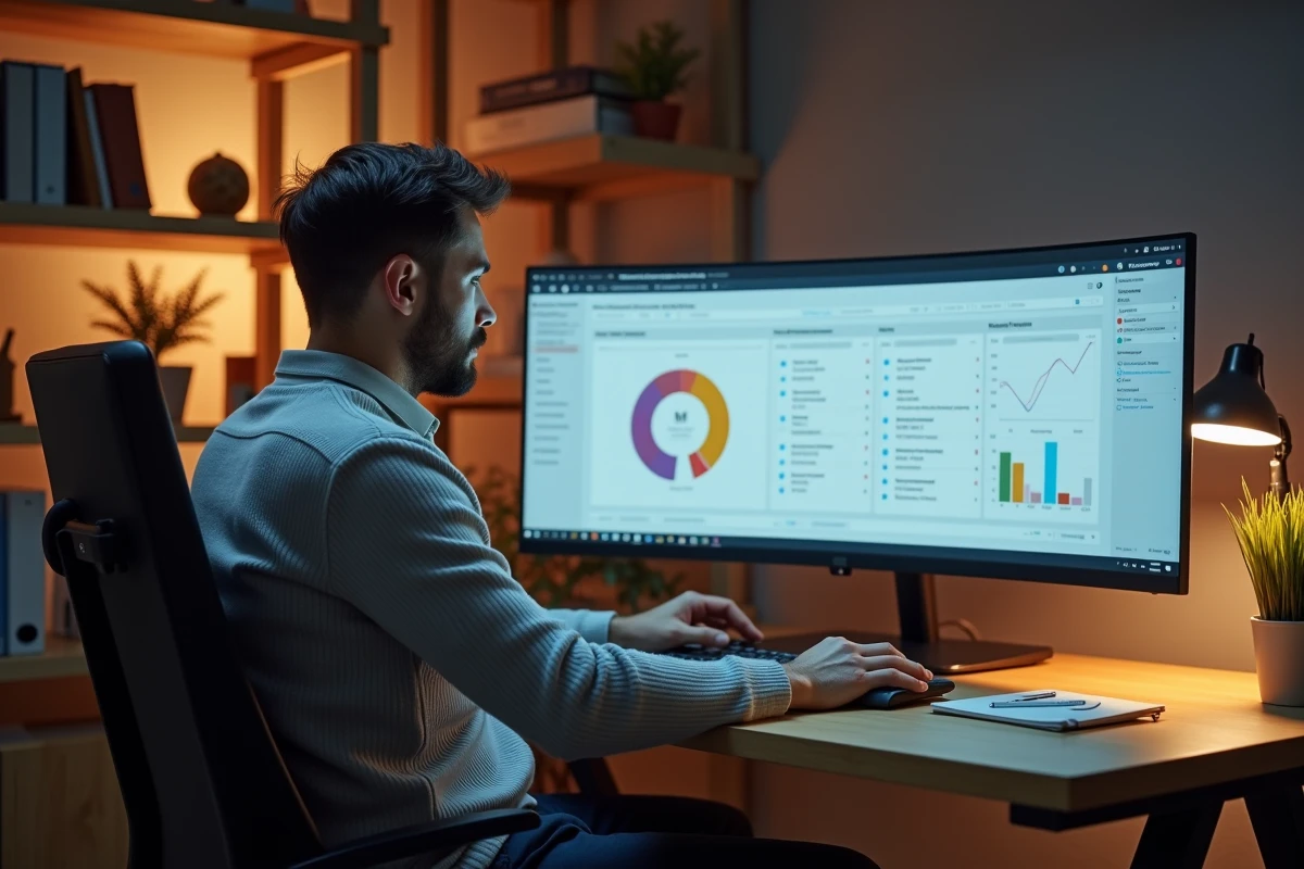 Manager analysant un logiciel de gestion d'équipe sur un écran ultrawide dans un bureau privé organisé