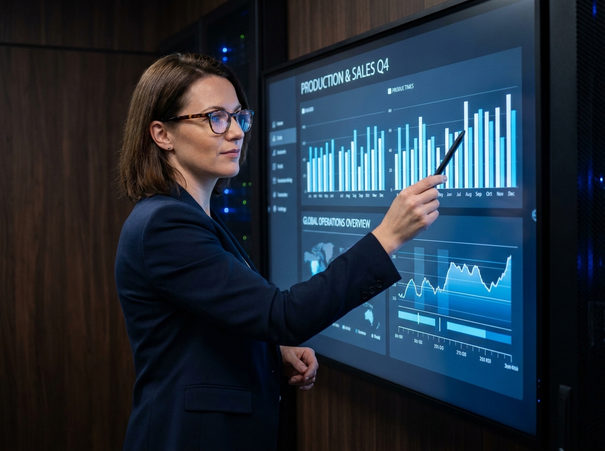 Responsable d'entreprise analysant un tableau de bord de coordination entre ventes et production sur un écran numérique