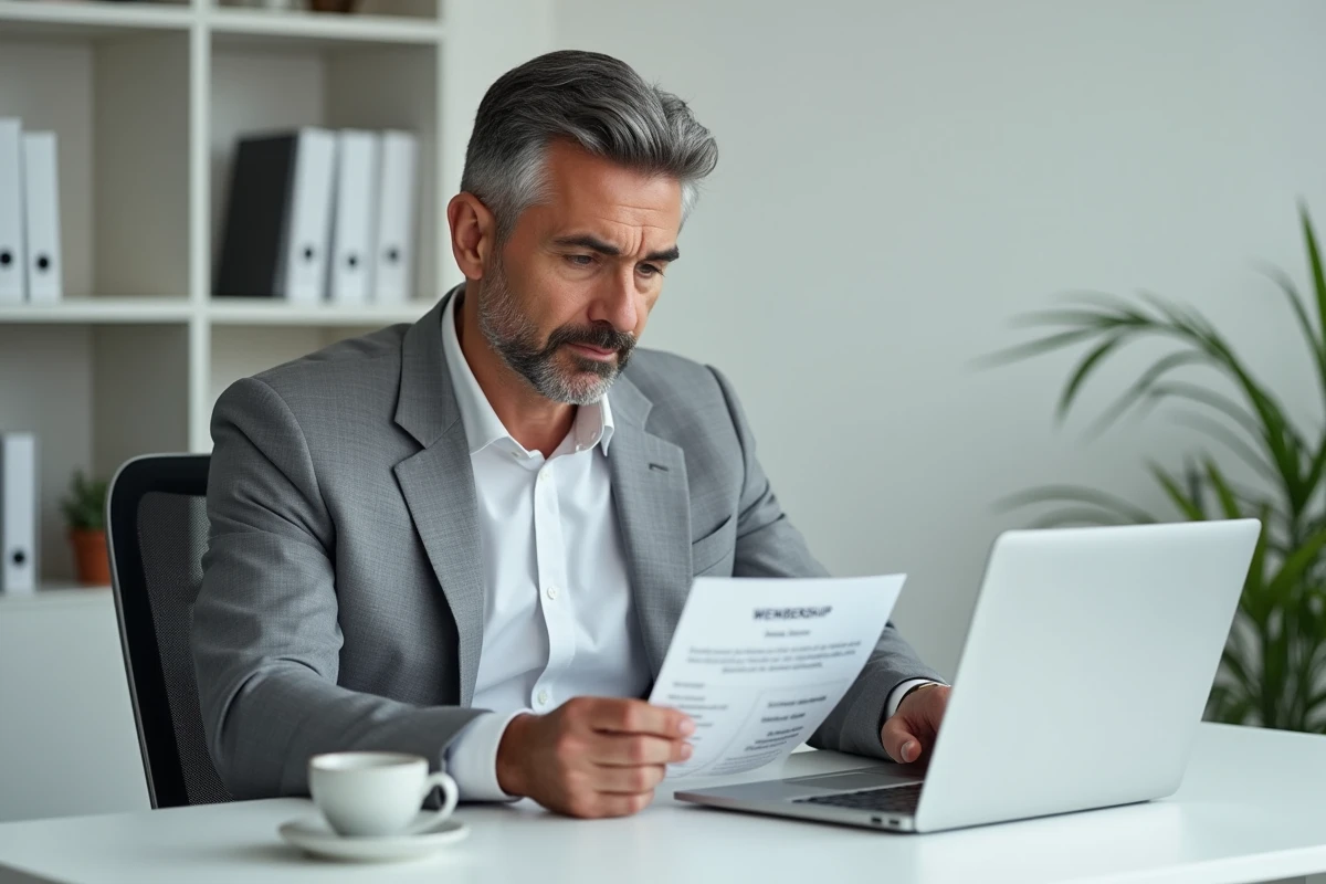 Homme d'affaires analysant une brochure de tarifs d'adhésion à un réseau B2B dans un bureau professionnel