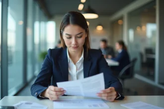 Jeune femme analyste financière examinant des documents d'audit dans un bureau moderne, illustrant les cabinets Big 4 pour débutants en finance