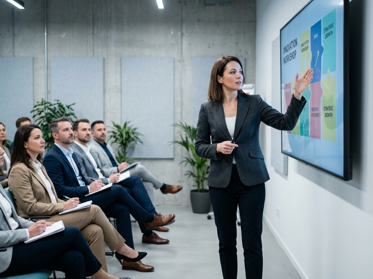 Animatrice présentant un atelier lors d'un séminaire professionnel personnalisé devant un groupe attentif