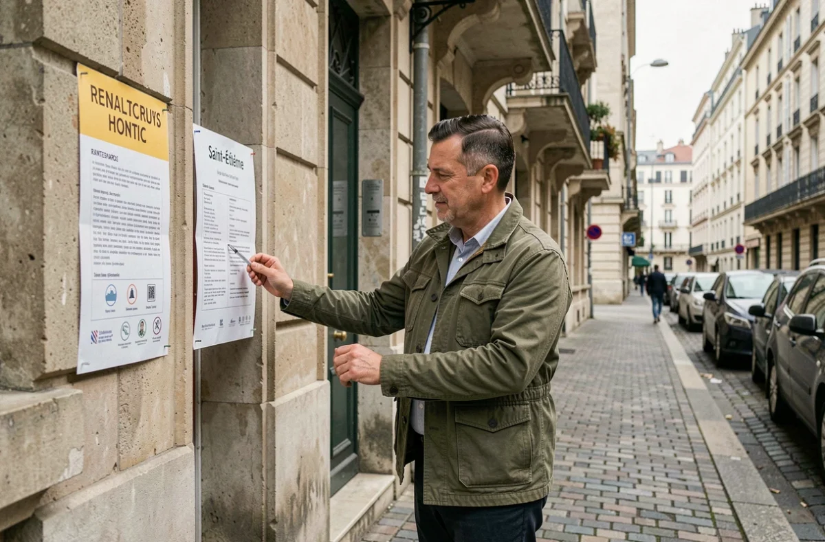 Homme consultant une annonce de location de bureau sur la façade d'un immeuble commercial dans une rue de Saint-Étienne