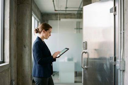 Architecte femme examinant une tablette dans un espace industriel moderne