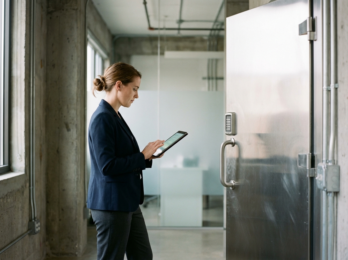 Architecte femme examinant une tablette dans un espace industriel moderne