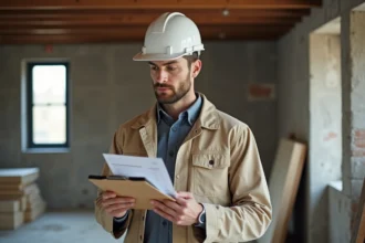 Artisan BTP tenant un devis papier sur un chantier de rénovation intérieure