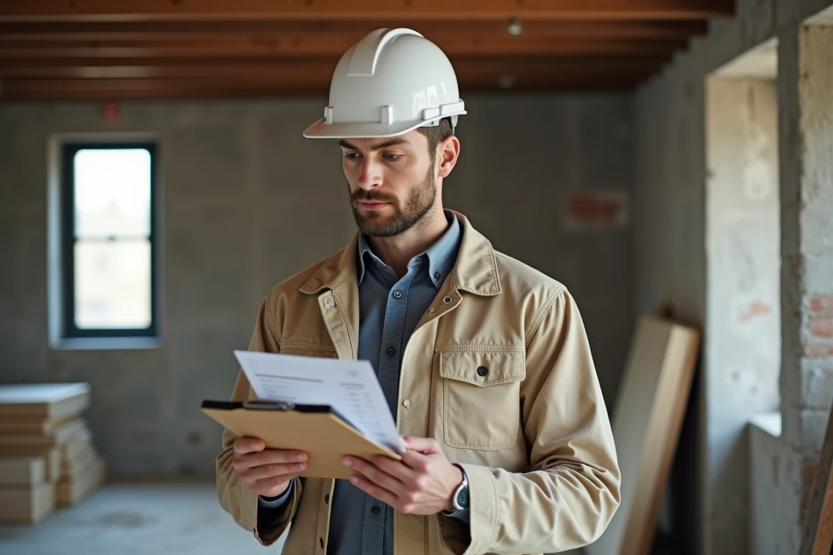 Artisan BTP tenant un devis papier sur un chantier de rénovation intérieure
