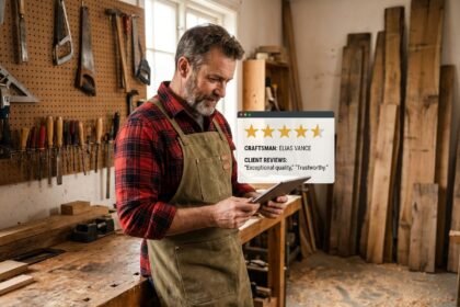 Artisan menuisier consultant son profil sur une plateforme dédiée aux artisans depuis son atelier