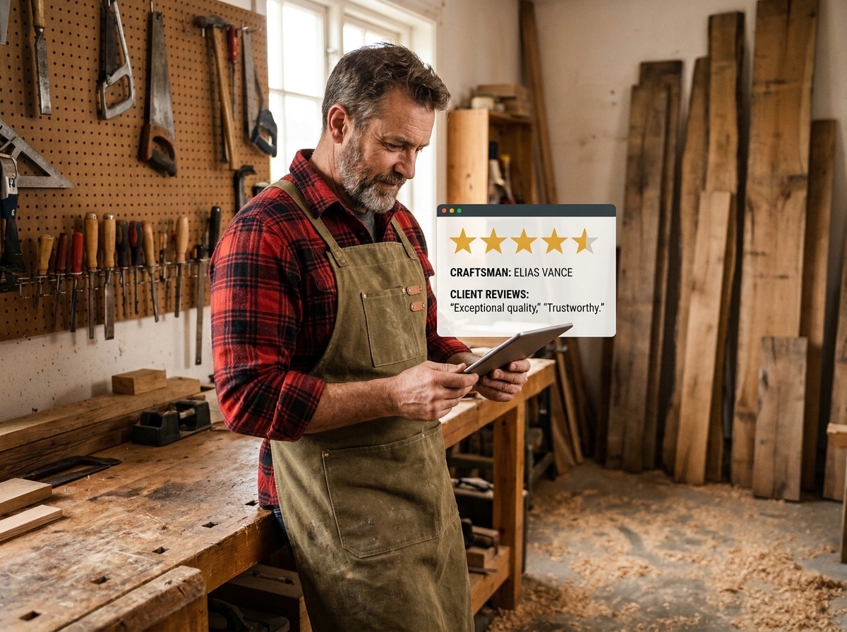 Artisan menuisier consultant son profil sur une plateforme dédiée aux artisans depuis son atelier