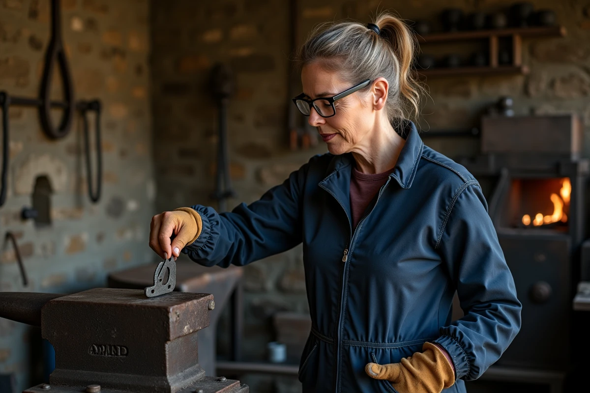 Artisane forge tenant un fermoir en fer forgé dans un atelier de ferronnerie traditionnel