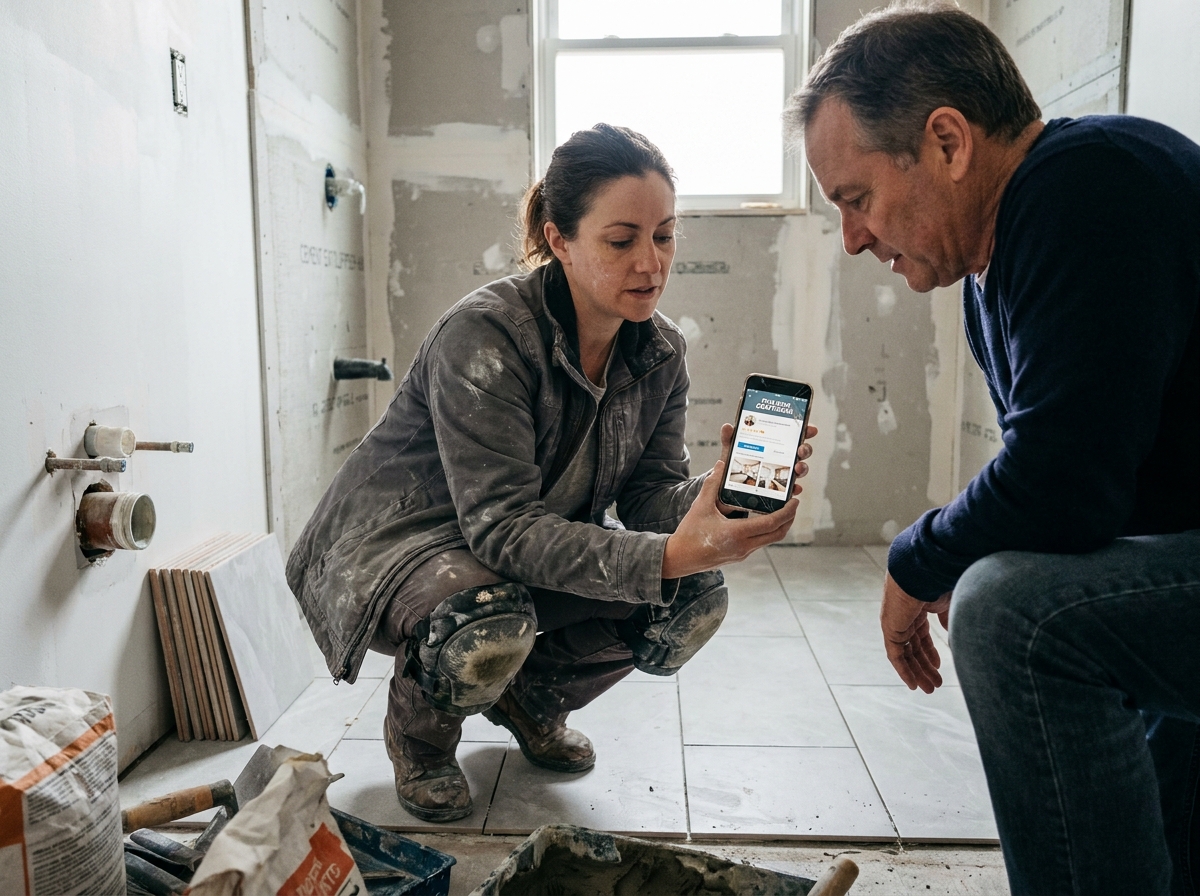 Artisane carreleur montrant son portfolio sur une plateforme à un particulier lors d'une rénovation de salle de bain