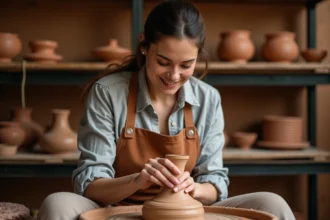 Artisane potière façonnant un vase en argile sur un tour de poterie dans un atelier rustique