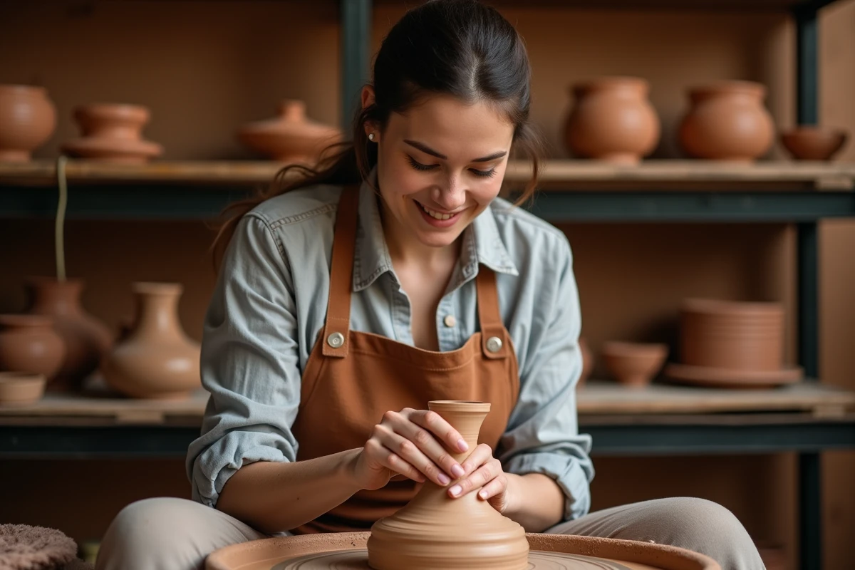 Artisane potière façonnant un vase en argile sur un tour de poterie dans un atelier rustique