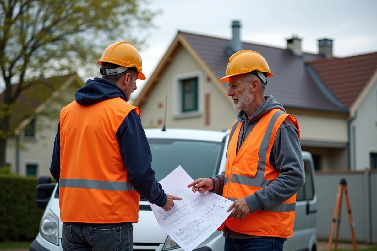 Deux artisans locaux examinant les plans d'un chantier de construction résidentiel