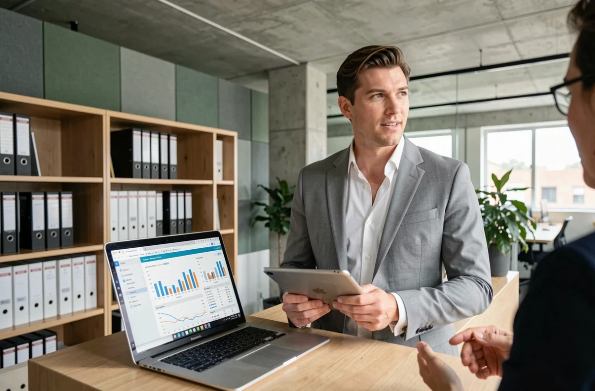 Jeune auditeur Big Four travaillant sur des tableaux de bord financiers dans un espace collaboratif moderne, illustrant les spécialisations pour maximiser l'employabilité